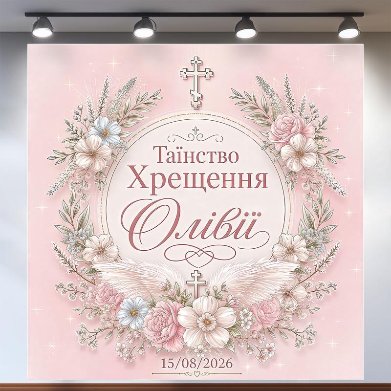 Фотозона на крестины Таинство Крещения нежно-розовая с венком и крыльями 160х160см, №48026 Фотозона на крестины Таинство Крещения нежно-розовая с венком и крыльями 160х160см, №48026