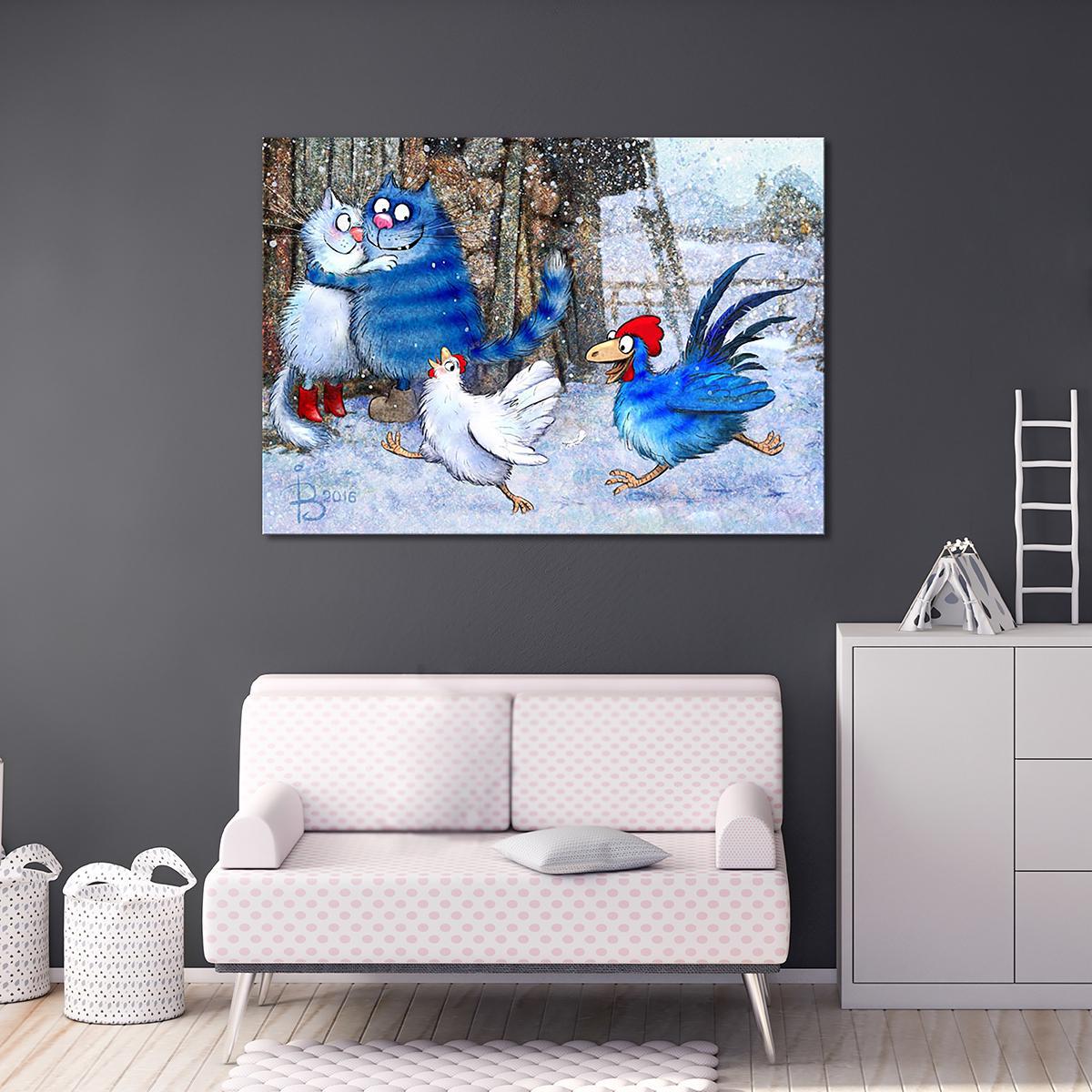 Модульная картина Кот и Петух ухлёстывают за дамами 1 модуль 60x90 см