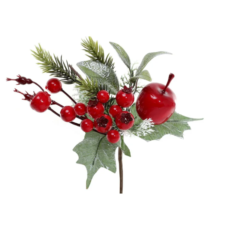 Декоративная ветка новогодняя с яблоком ягодами и хвоей 21 см (2776026274)