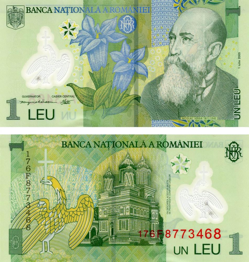 Колекційна банкнота Румунія 1 лей 2005 Полімер UNC Йорга P117 (Б05623)