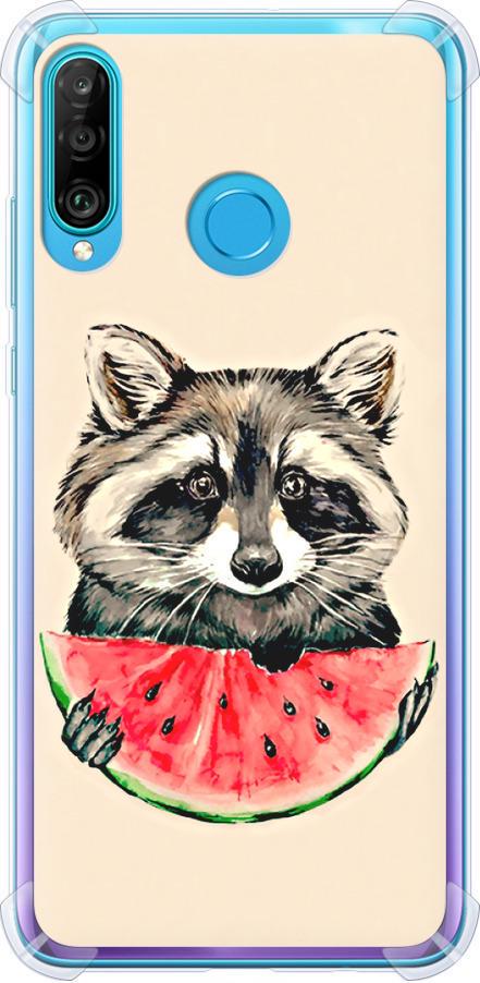 Чехол на Huawei P30 Lite Енотик с арбузом (4605sp-1651-42517)