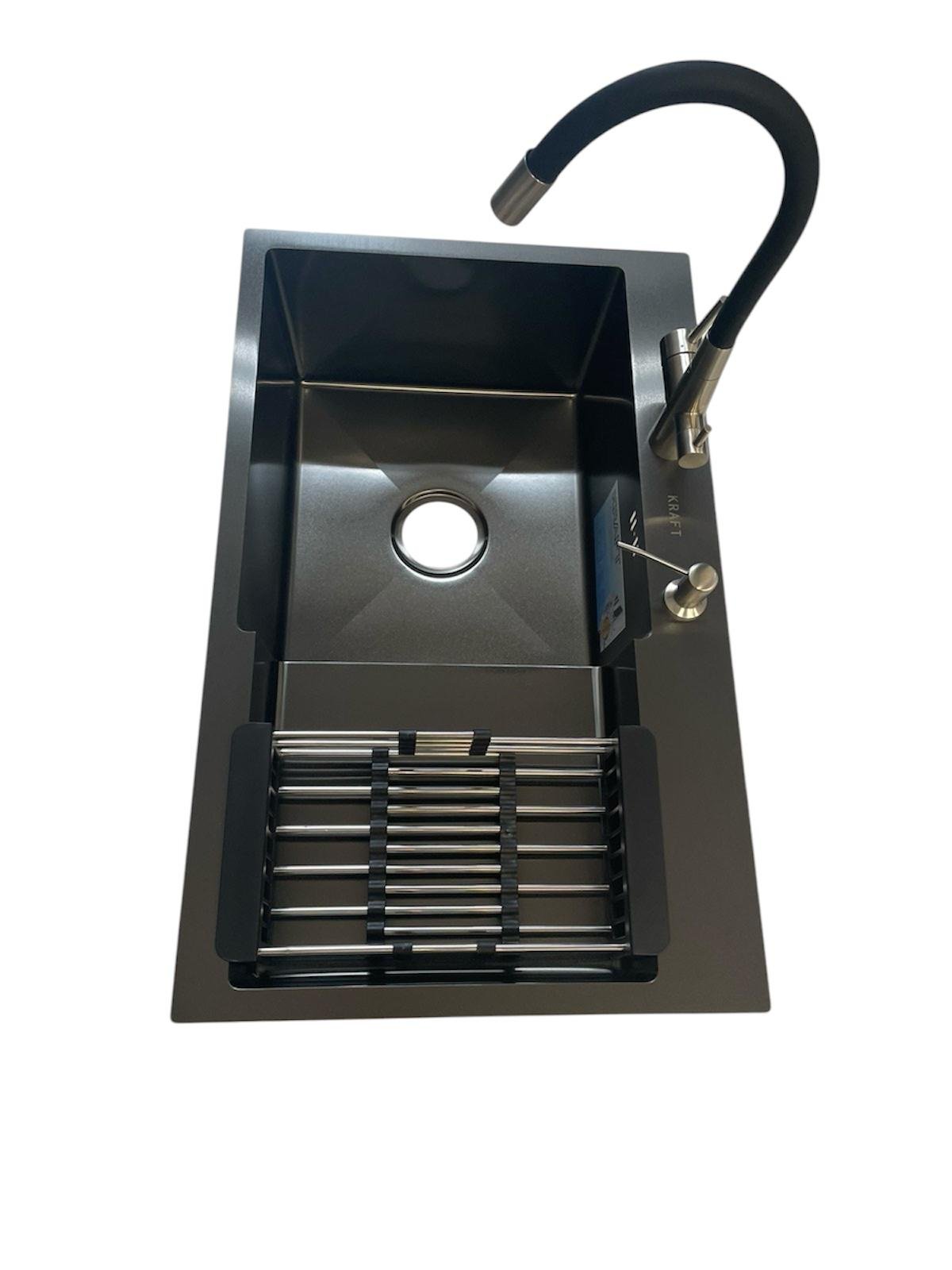 Мойка кухонная Kraft 7848 АL левая и гибкий кран для кухни с фильтром воды Venta BK813SB Черный