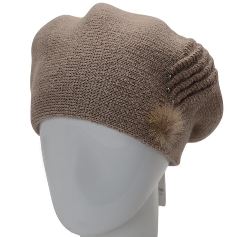 Берет женский двойной Lirus Ванеса с узором и стразами Бежевый