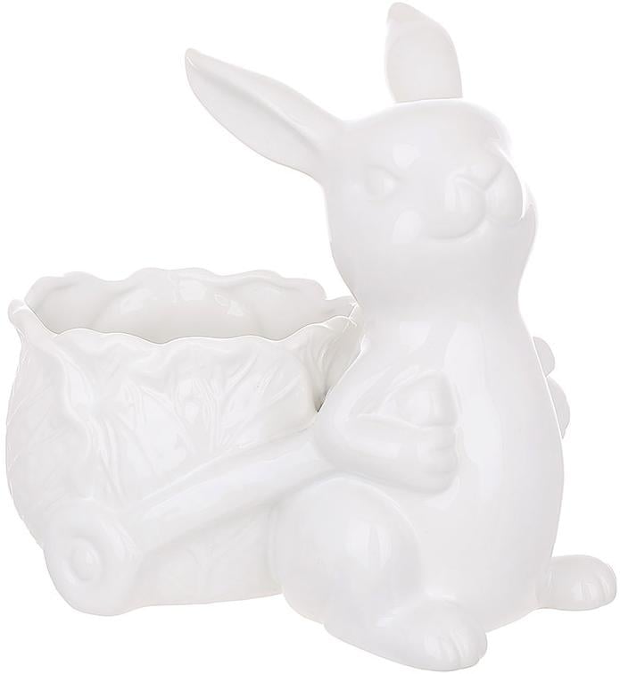 Кашпо керамическое декоративное зайка с капустой и тележкой 20,5х12,5х18,5 см Белый
