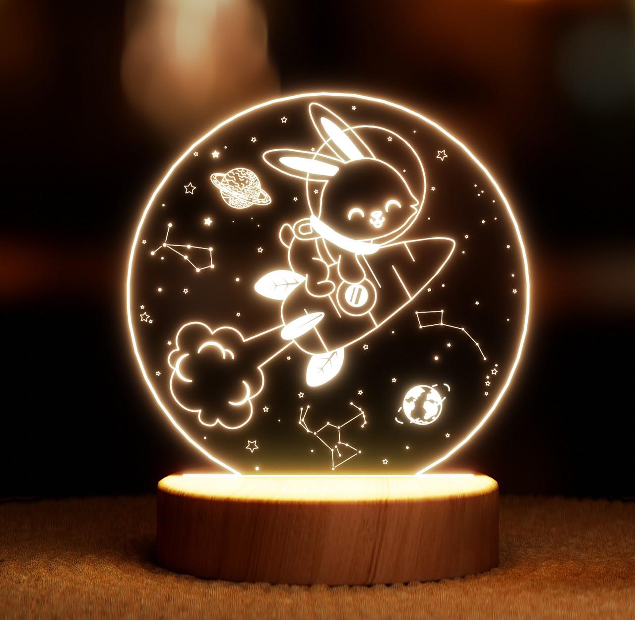 Ночник-светильник Lampic Кролик летит на морковке USB дерево/акрил 15х18 см Желтый (32377338)