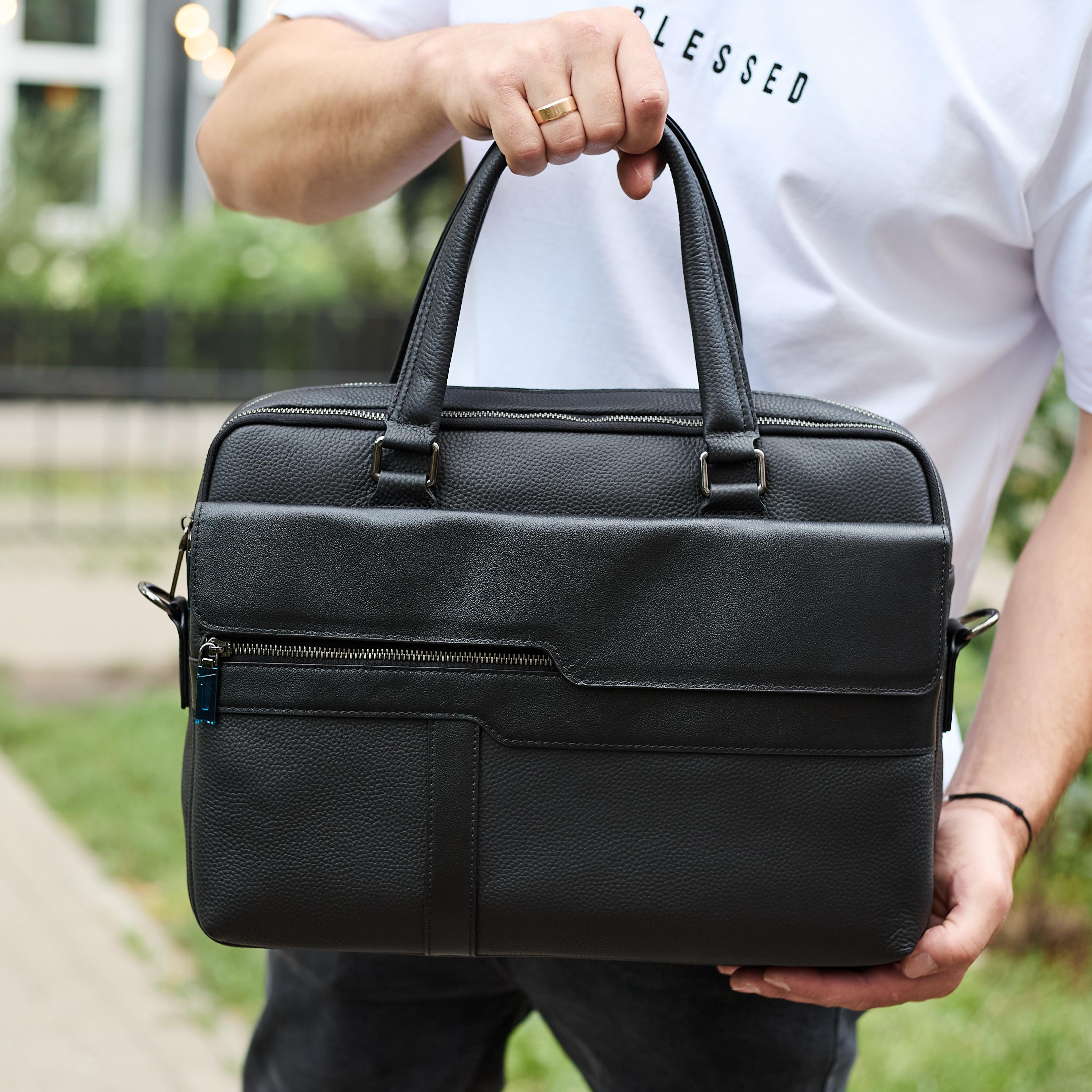 Портфель деловой мужской Tiding Bag кожаный с ручкой и ремнем 39х29х10 см Черный