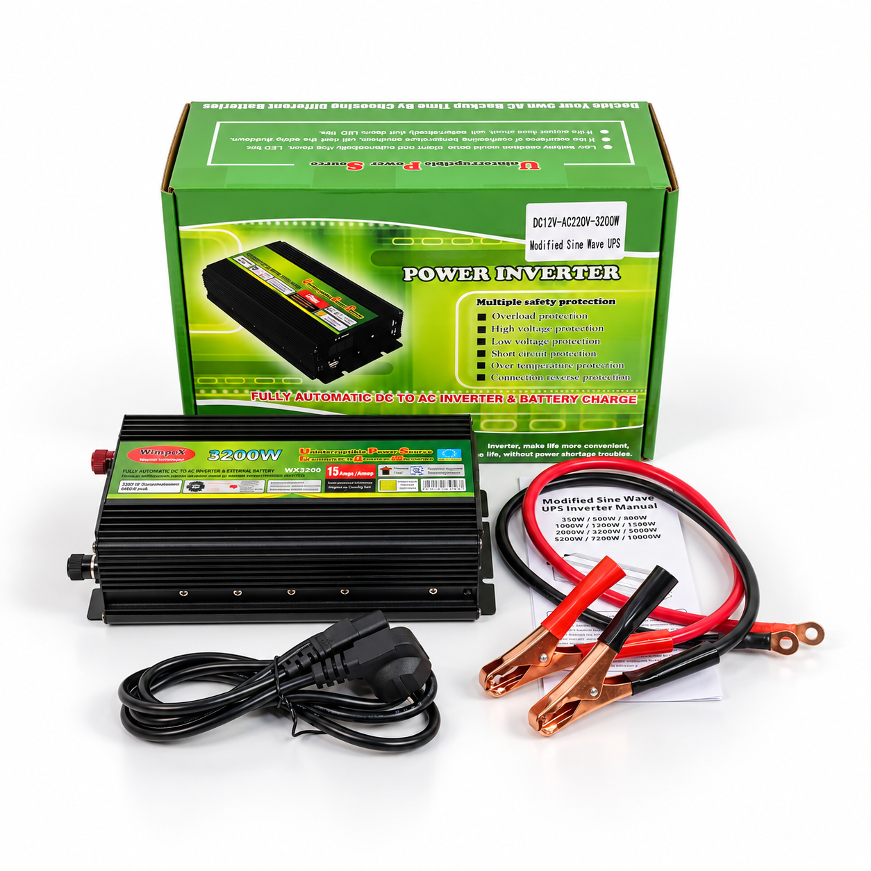 Инвертор-преобразователь напряжения Wimpex 12 В-220 В 3200W с зарядкой АКБ реальная номинальная мощность 1800 Вт (WX-3200V)