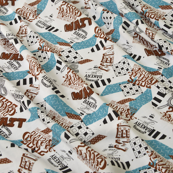 Ткань штапель IDEIA Эпизоды Wait надписи 1,45 м Коричневый/Темно-бирюзовый (2200004105352)