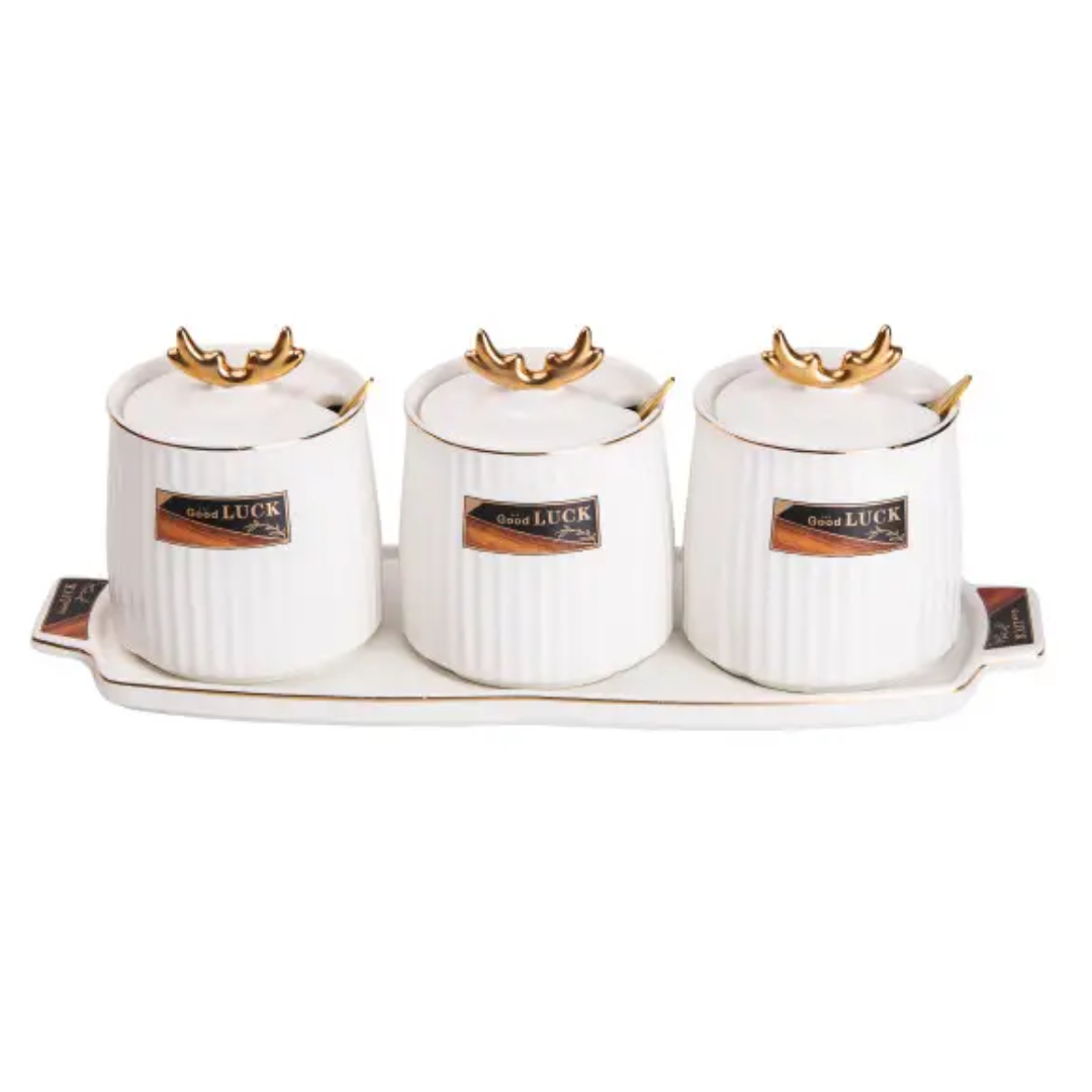 Набор банок для хранения продуктов на керамической подставке 3 шт. по 400 мл Белый