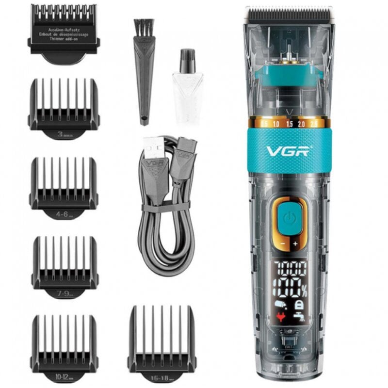 Машинка для стрижки аккумуляторная VGR V-695 с шестью насадками и USB Прозрачно-бирюзовый (PH01040)