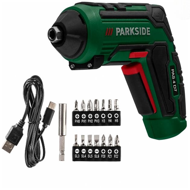 Отвертка аккумуляторная PARKSIDE PAS 4 D7 4 В 1500 мА/ч 10 Нм с насадками и USB-C (PAS)