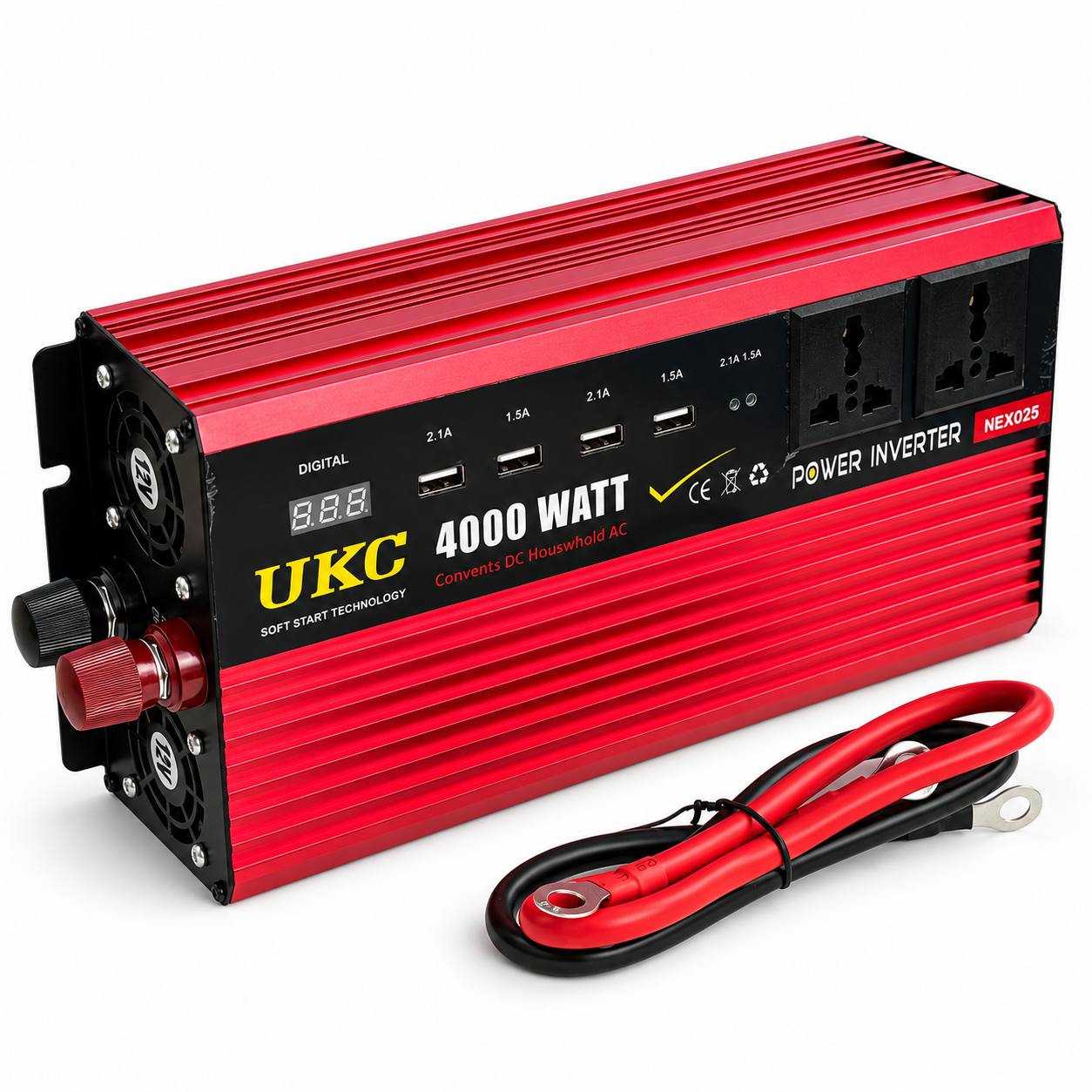 Автомобильный инвертор UKC Solar TSL-4000W 12-220 В 4000 Вт с USB и дисплеем Красный (M1287)