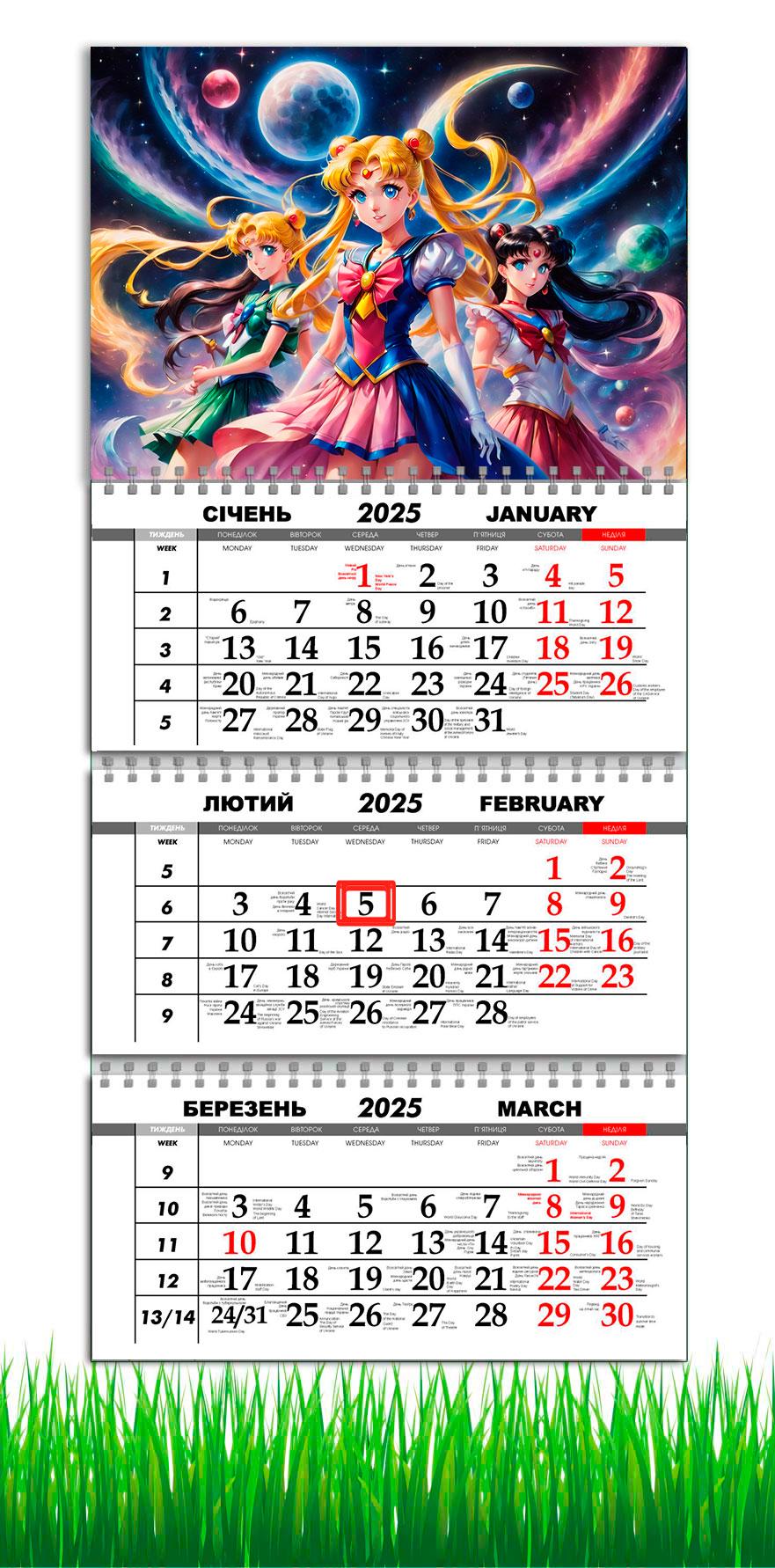 Календарь настенный квартальный на 2025 год APRIORI Сейлормун на 3 пружины 30х61 см (UA3041) Календарь настенный квартальный на 2025 год APRIORI Сейлормун на 3 пружины 30х61 см (UA3041)