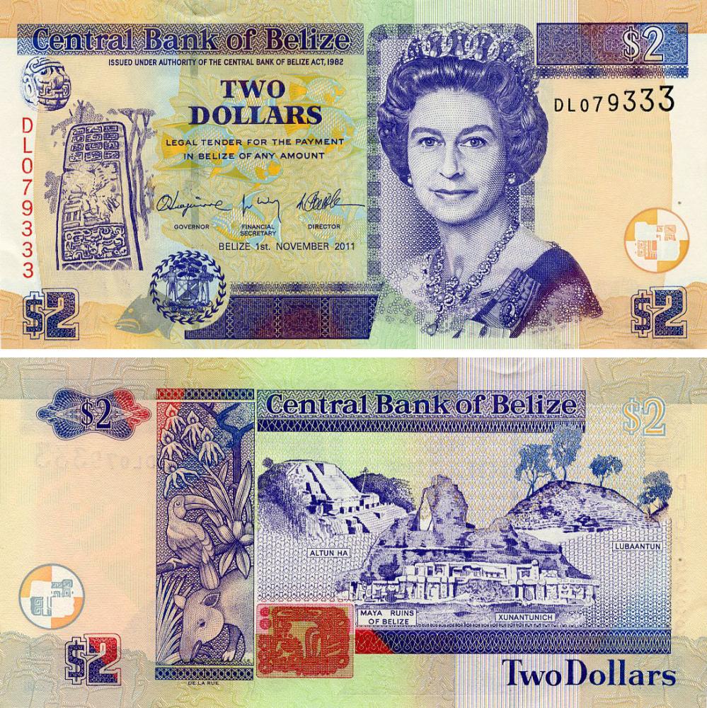 Коллекционная банкнота Белиз 2 доллара 2011 UNC P66d (Б03419)