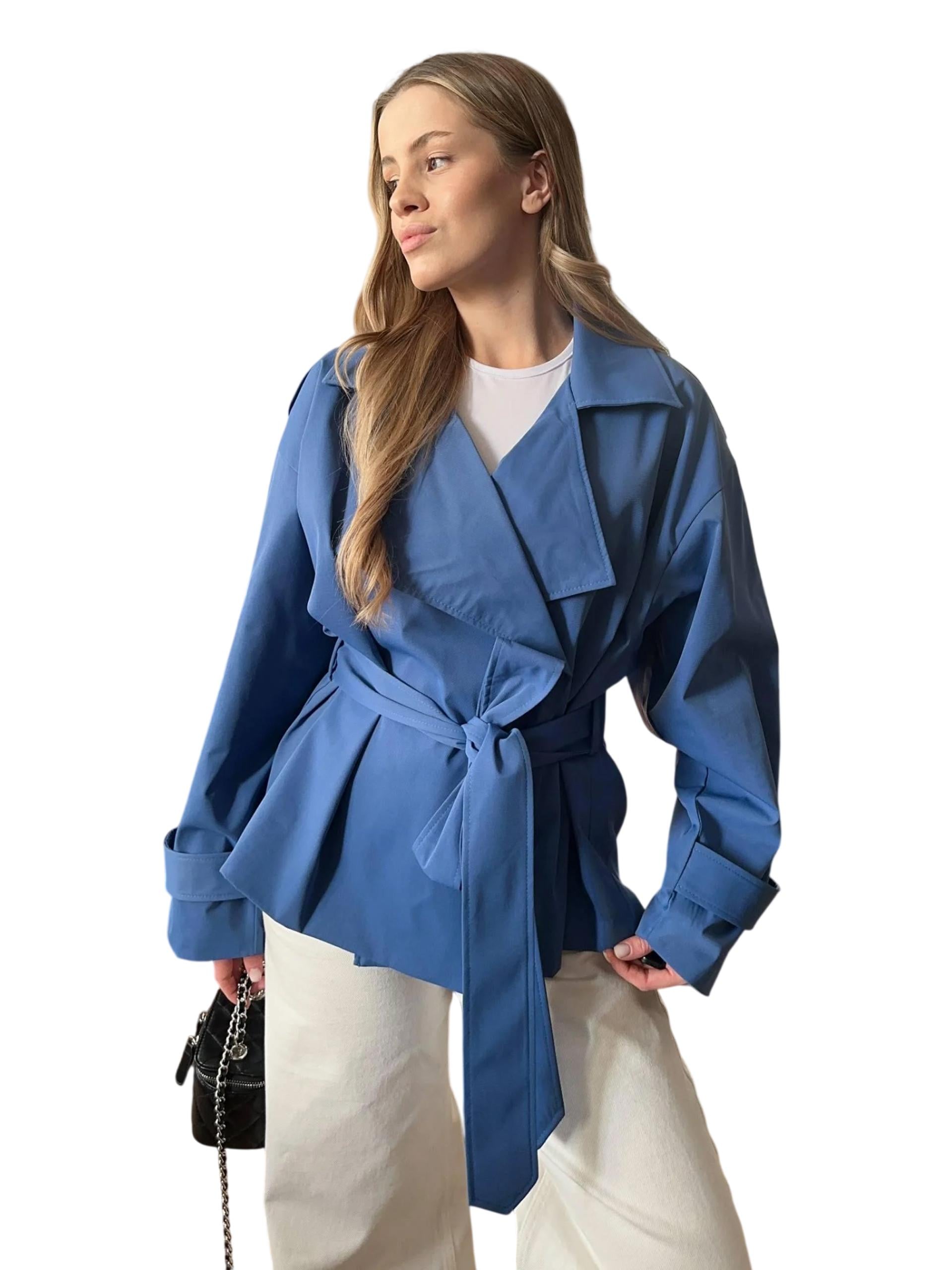 Женский тренч с пояском на подкладке котон р. 42-46 Джинсовый (od-20020-3)