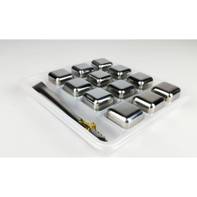 Кубики для виски Moltis металлические с щипцами Whiskey Stones 12 шт. Silver (SK12)