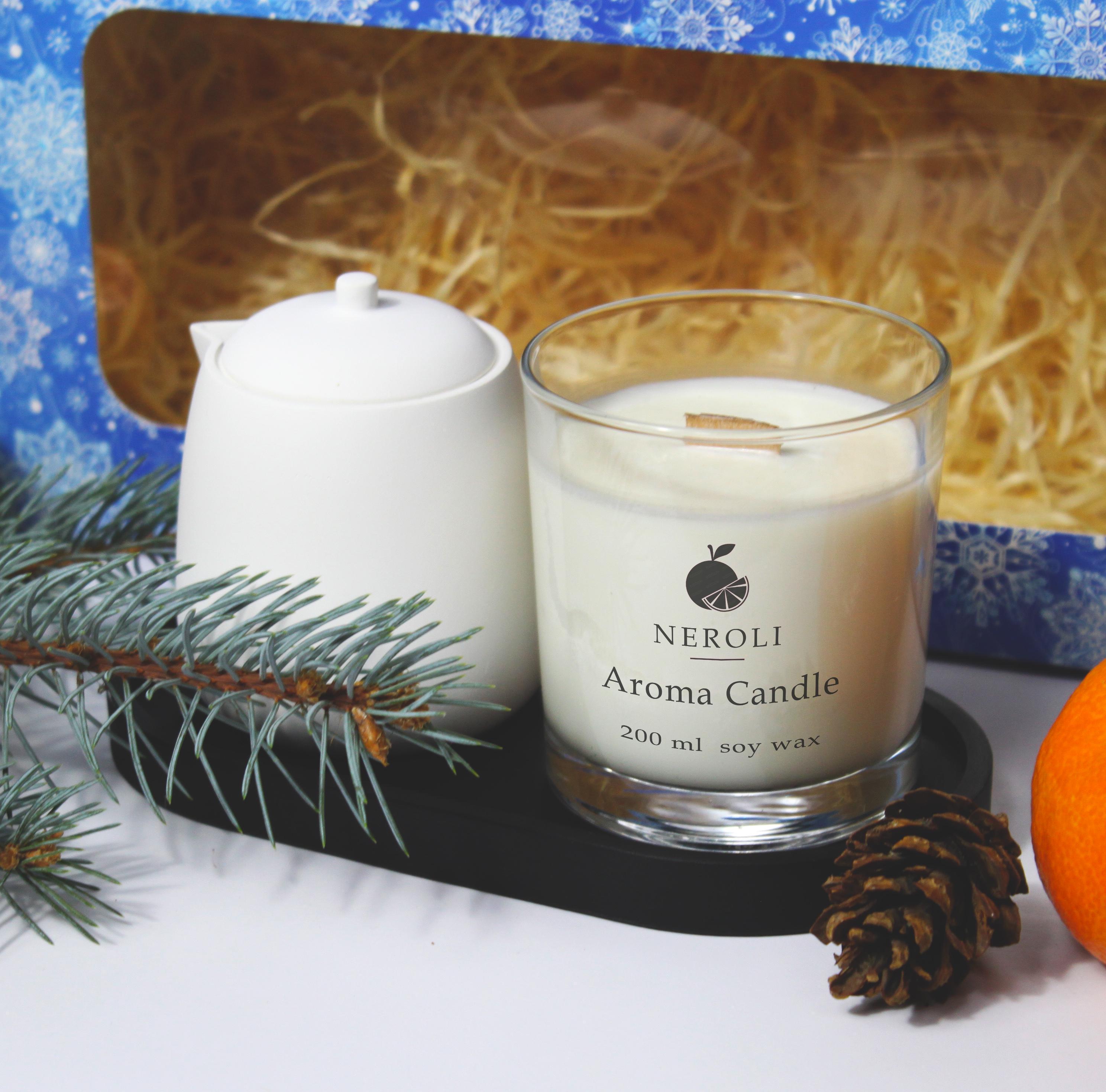 Набор подарочный Аромасвеча соевая Neroli Ваниль 200 мл/массажная свеча Neroli для романтического настроения 100 мл/подставка гипсовая