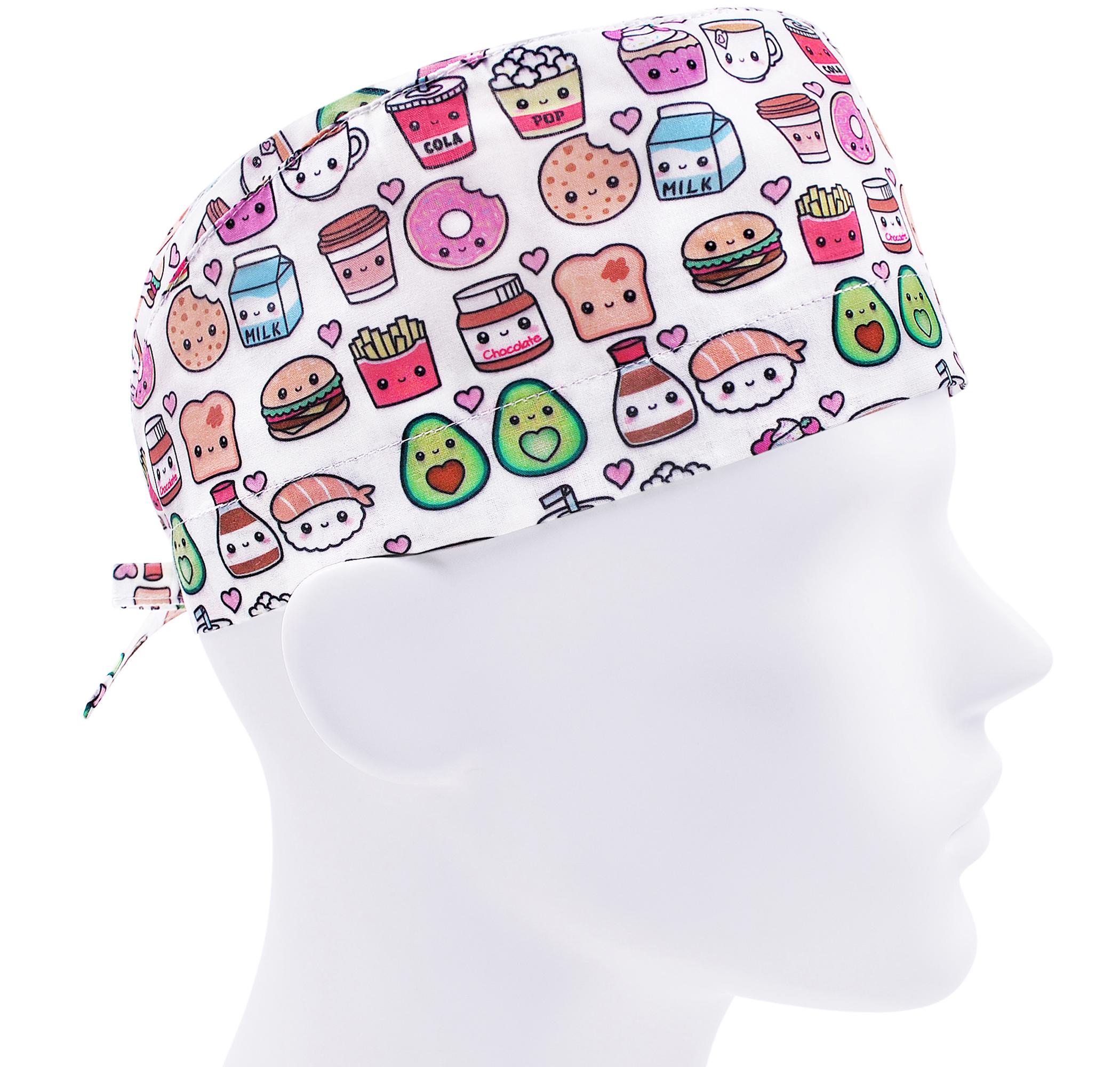 Шапочка медицинская мужская FloralScrubs Фаст-фуд на белом универсальная (М126)