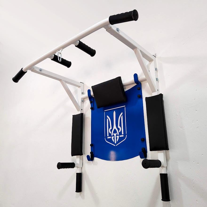 Турник-брусья SAB настенный разборной с резиновыми ручками/рамкой с гербом и адаптивной спинкой для пресса разборной Белый/Синий (0079) - фото 2