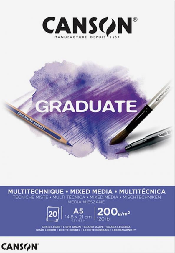 Альбом для акварели Canson Graduate Mix Media склейка 200 г/кв. м 20 л. А5 Белый (C400110376)