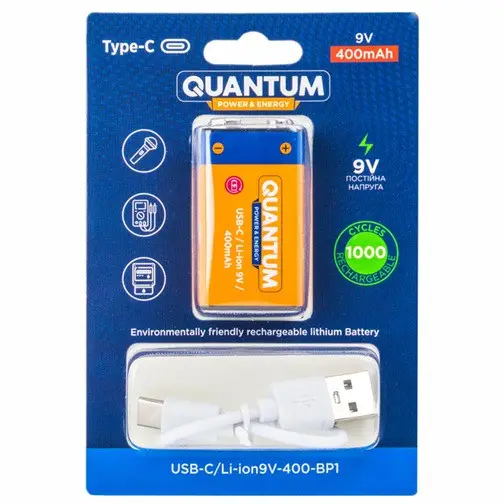 Аккумулятор 9V 400 mAh Li-ion USB Type-C Quantum многоразовая крона (703223)