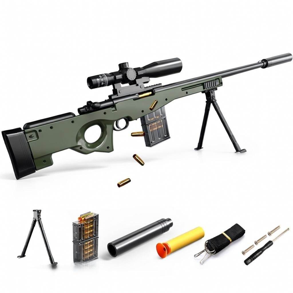 Винтовка снайперская игрушечная AWM на мягких шарах с гильзами и оптическим прицелом из ABS пластика с глушителем и сошками 130 см (N-001) Винтовка снайперская игрушечная AWM на мягких шарах с гильзами и оптическим прицелом из ABS пластика с глушителем и сошками 130 см (N-001)