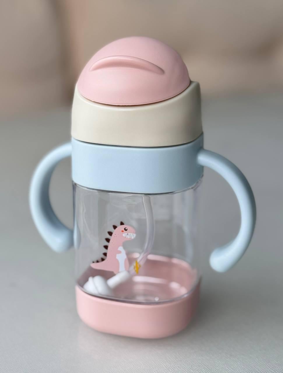 Поильник непроливайка силиконовой с трубочкой с ручками с динозавром 300 мл Розовый