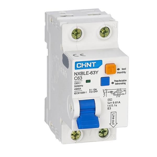 Вимикач диференційний автоматичний CHINT NXBLE-63Y 1P+N C10 30мА ел. тип AC 4,5kA (105541)