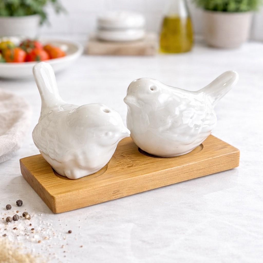 Набор для соли и перца на бамбуковой подставке Птицы фарфоровый бамбук 10,5x7 см (31484366)