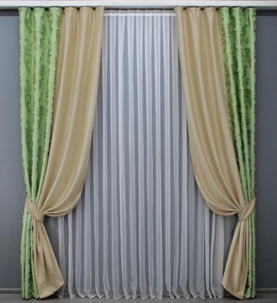 Шторы лен/блекаут 1,5х2,7 м 2 шт. Салатовый/Кремовый (014дк/1104-1042ш)