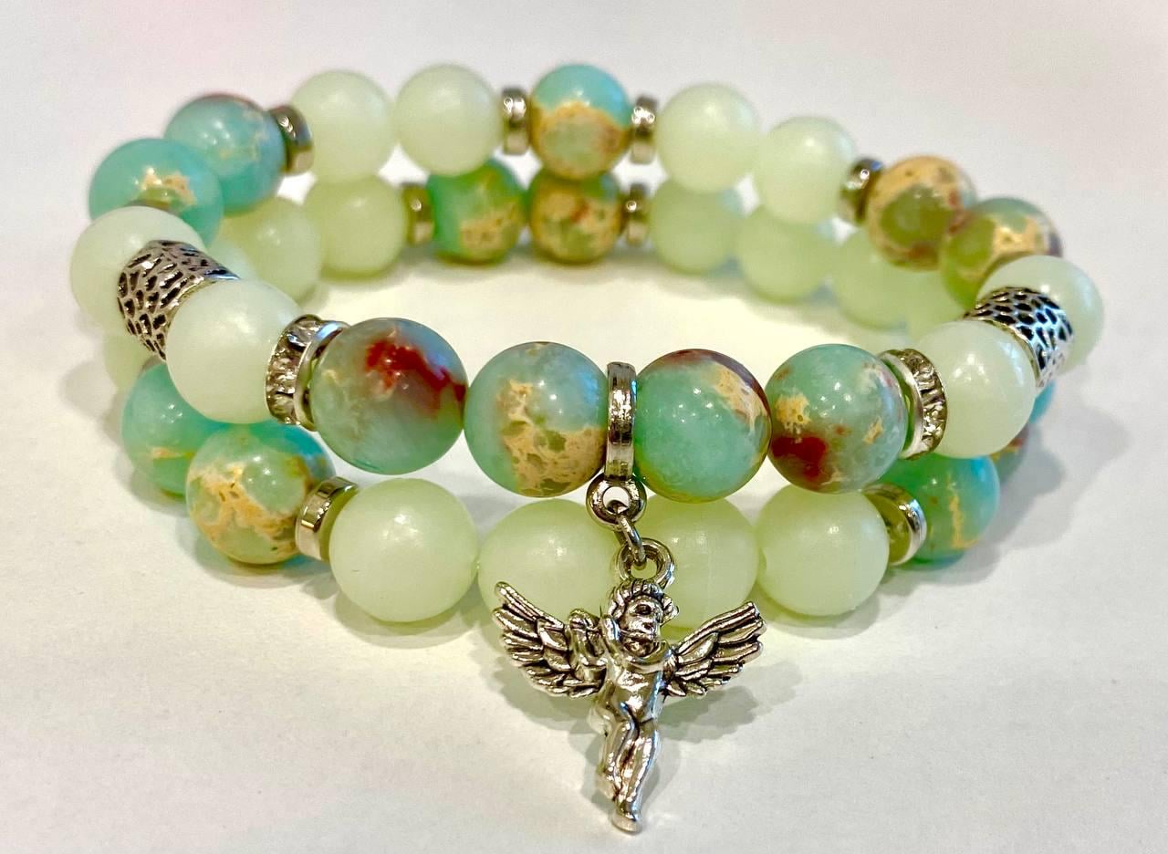 Браслет LITAURS из натурального камня варисцит и бусинами, светящимися в темноте L 18-21 см 2 шт. (250701-1)