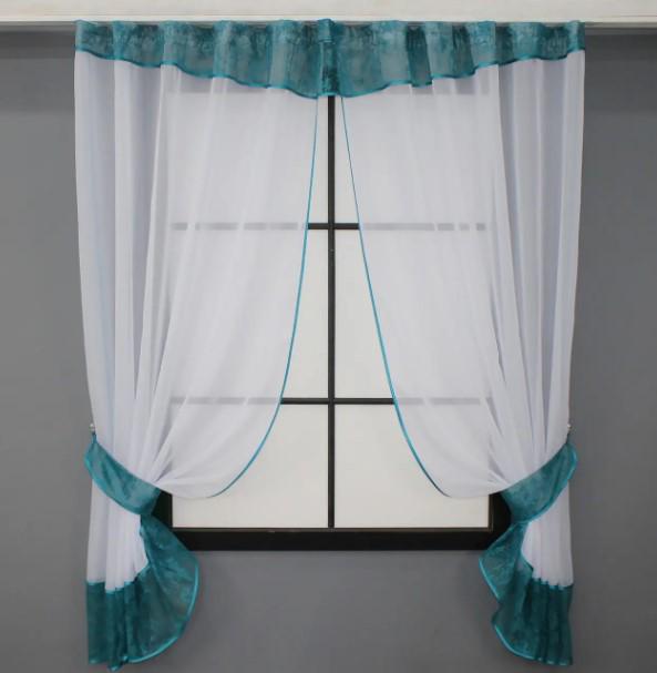Комплект штор на кухню с ламбрекеном/подвязками 280х170 см Белый/Бирюзовый (085к)