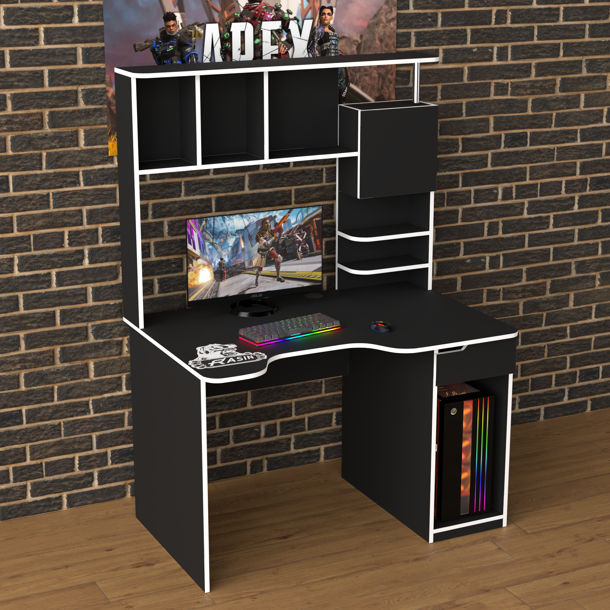 Стол геймерський ергономічний із надбудовою Zeus Rasin RS-12 з ЛДСП та металу Чорно-білий (RS-12)