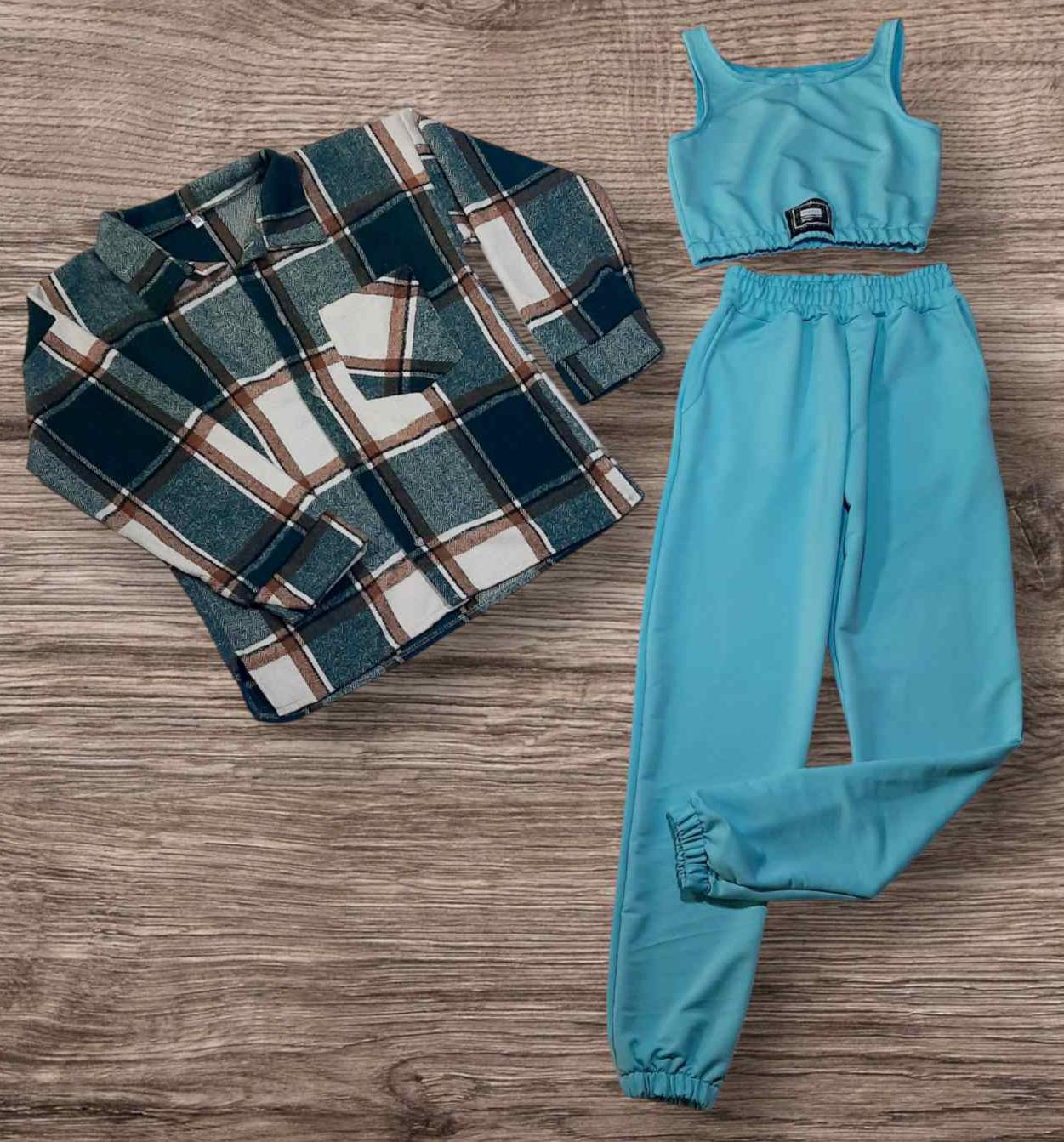 Костюм на девочку тройка рубашка/топ/штаны 128 см Бирюзовый (24208837)