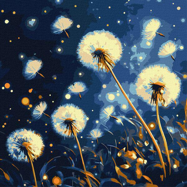 Картина за номерами Ideyka Кульбаби у вечірньому небі з фарбами металік extra 40x40 см (Id-KHO3314)