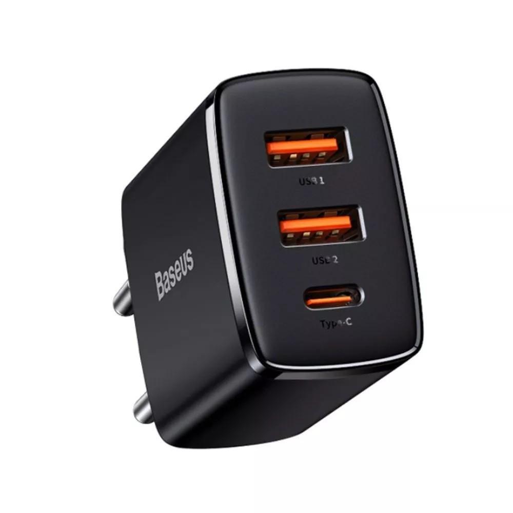 Зарядное устройство сетевое BASEUS Compact Quick Charger 30W QC PD 1Type-C 2USB Black (15372814) - фото 1