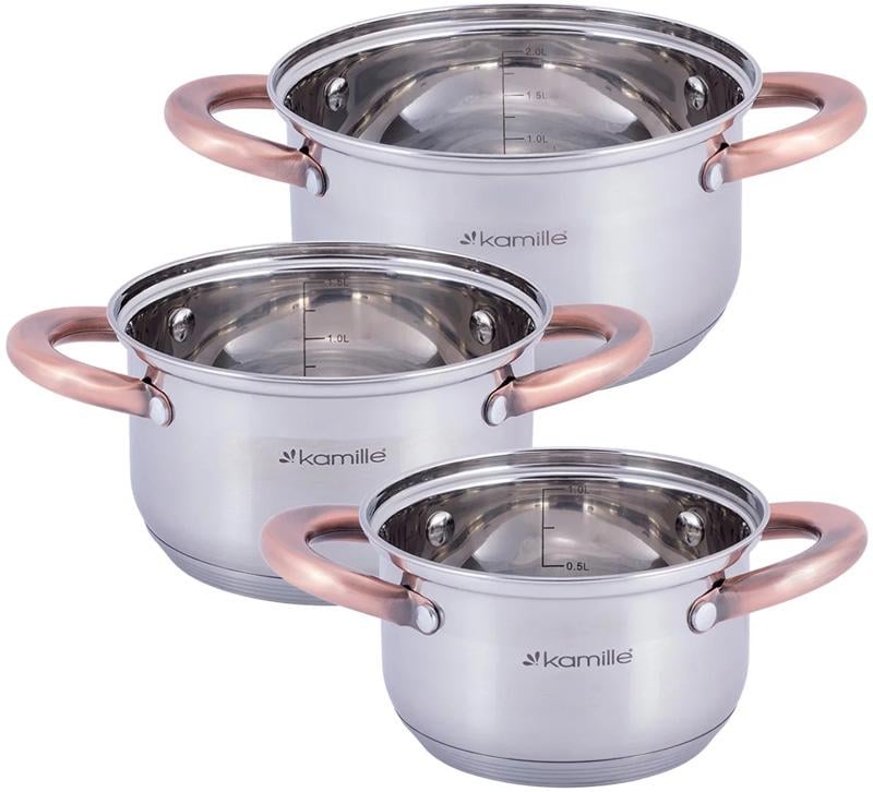 Набір каструль Kamille Catalin 1/1,5/2 л з нержавіючої сталі з мірною шкалою 3 шт. (KM-4936)