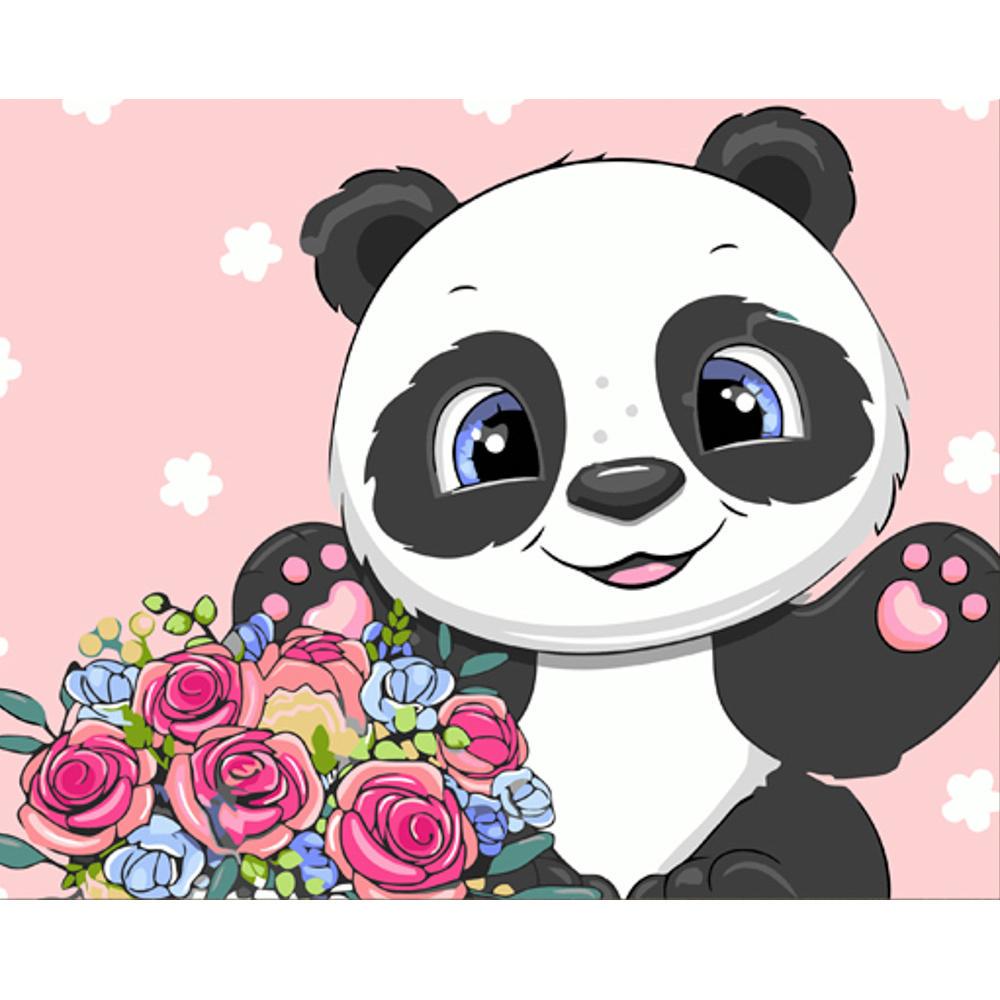 Картина по номерам Strateg Премиум Пандочка с цветами с лаком 30x40 см (SS6729)