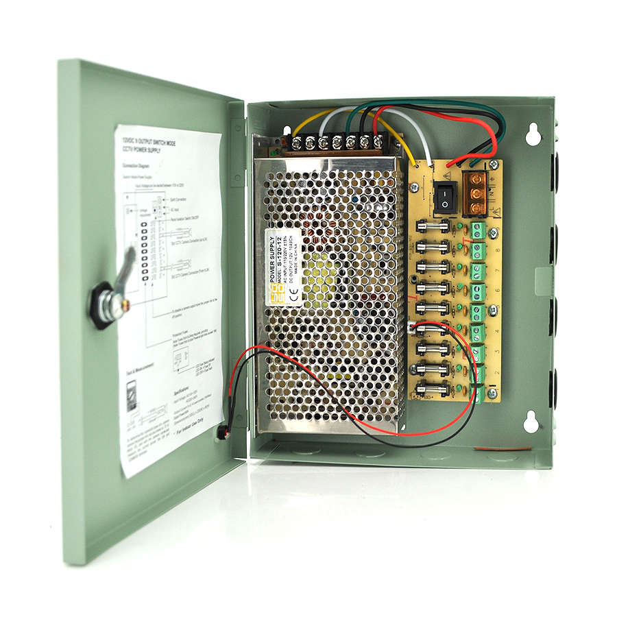 Блок живлення імпульсний 9 канальний Q20 металевий для відеоспостереження сигналізації та освітлення 12V-10A (13931)