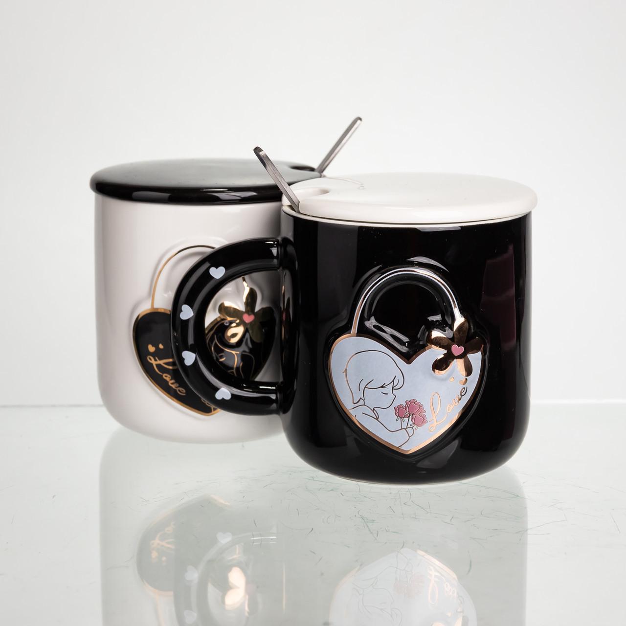 Набор фарфоровых чашек с сердцем с крышкой и ложкой 2 шт. по 400 мл Черный с белым (FM-33) - фото 3