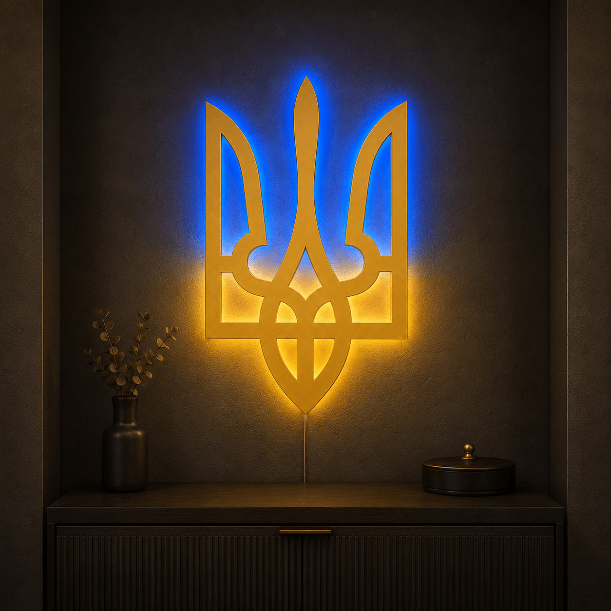 Декоративный Трезубец Украины из дерева Woodyard с сине-желтой LED-подсветкой 50x30 см Золотой (40502--50x30)