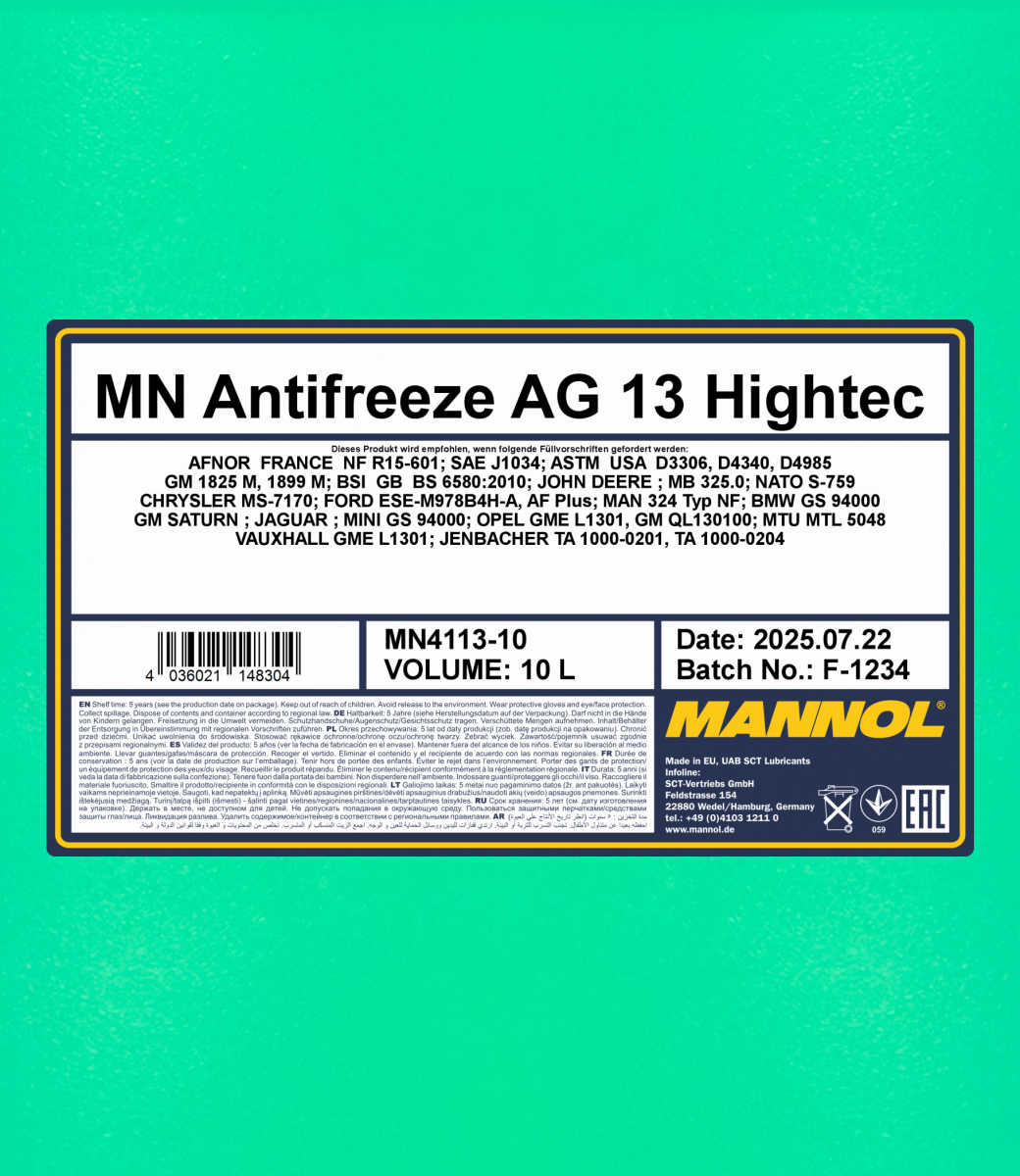 Концентрат антифризу Mannol 4113 Hightec Antifreeze AG13 10 л Зелений (MN4113-10) - фото 2 Концентрат антифризу Mannol 4113 Hightec Antifreeze AG13 10 л Зелений (MN4113-10) - фото 2