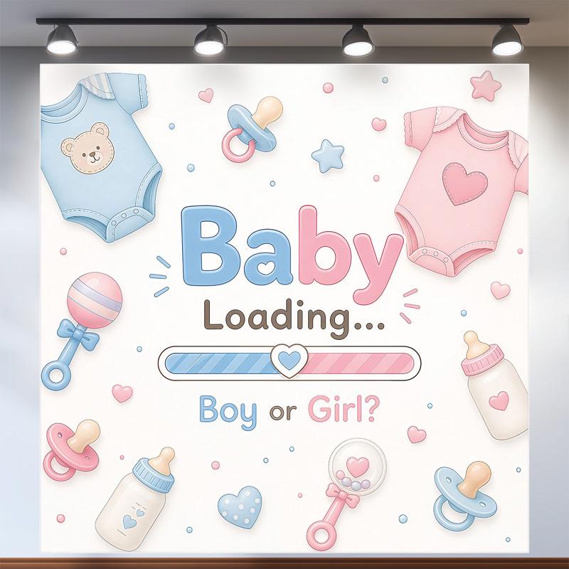 Баннер для определения пола Baby Loading Boy or Girl с детскими вещами 120x120см, №48520 Баннер для определения пола Baby Loading Boy or Girl с детскими вещами 120x120см, №48520