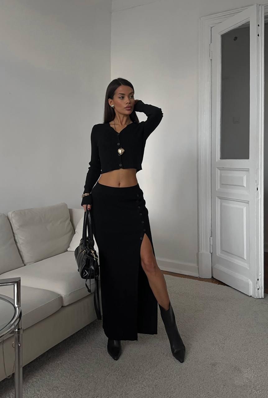 Костюм с юбкой в рубчик р. 46-48 Черный (Мод.656.1)