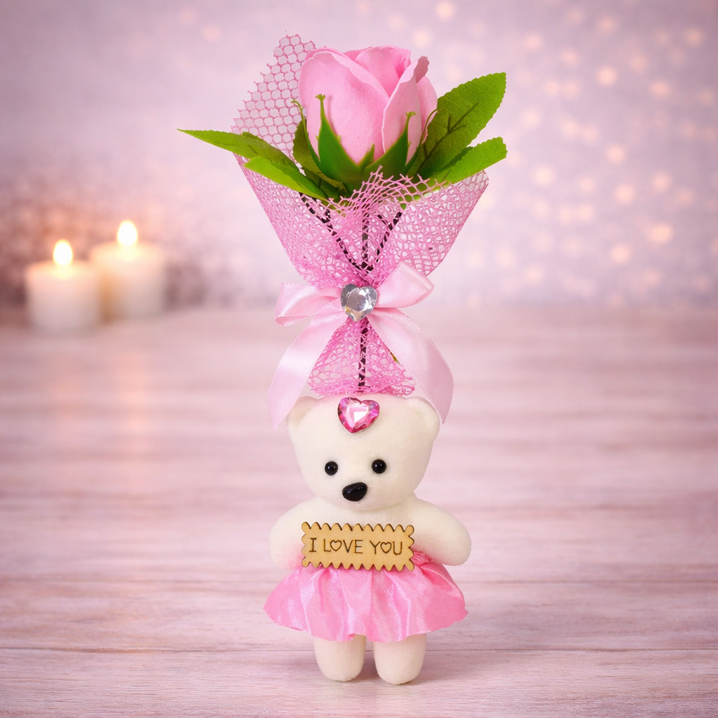 Троянда мильна з ведмежам в прозорій упаковці Рожевий (06-F-7538p)