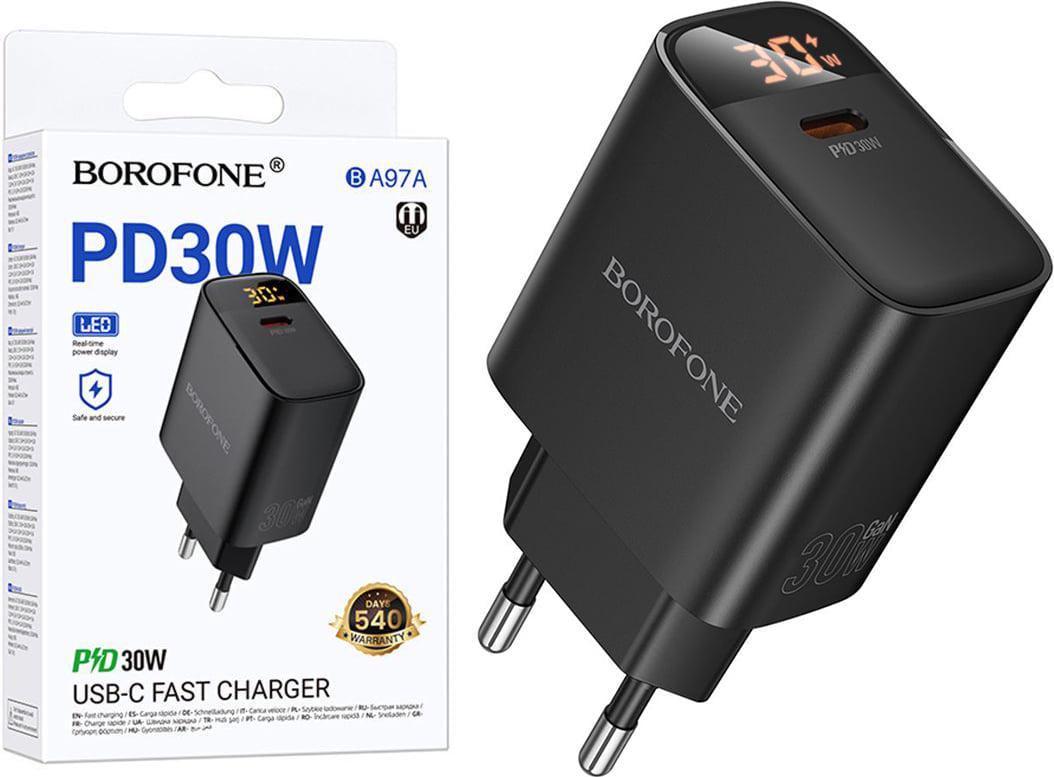Зарядний пристрій Borofone BA97A 30W GaN PD3.0 QC3.0 Digital Display порт Type-C Black (43360)