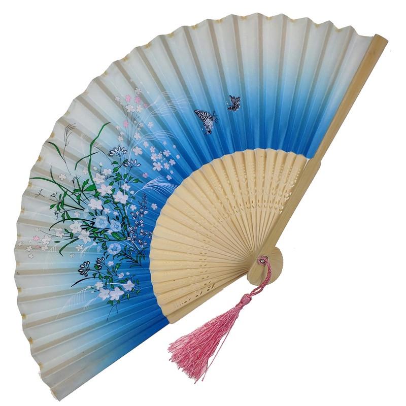 Веер деревянный Цветы и бабочки 21х37 см Голубой (C2530)