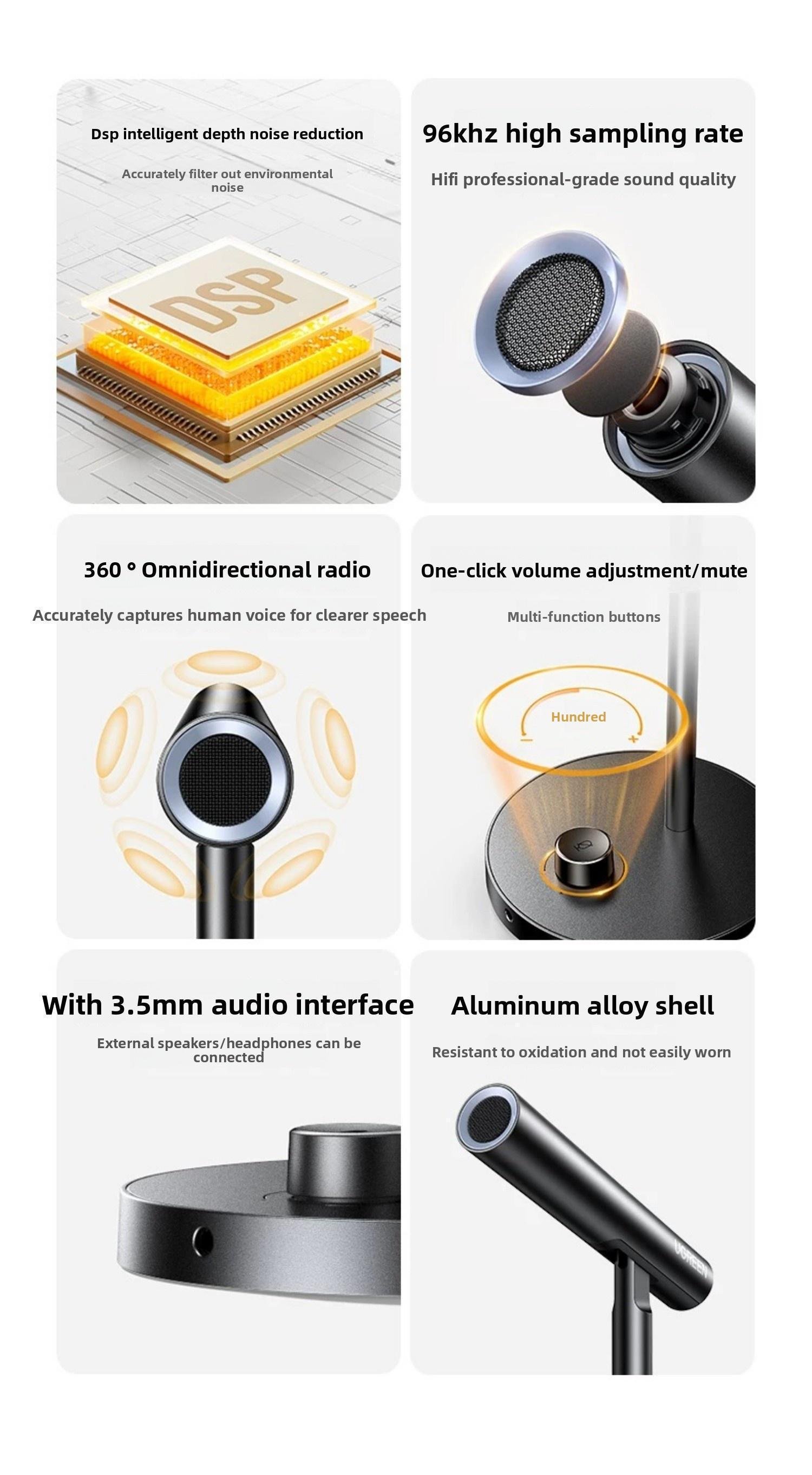 Мікрофон настільний Ugreen 360° 96 кГц/24 Чорний (55343) - фото 13 Мікрофон настільний Ugreen 360° 96 кГц/24 Чорний (55343) - фото 13