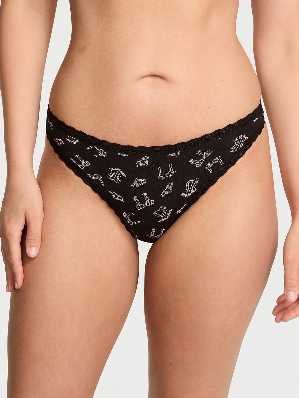 Трусики женские Victoria's Secret Cotton Lace-Waist Thong S Черный (19687998682)