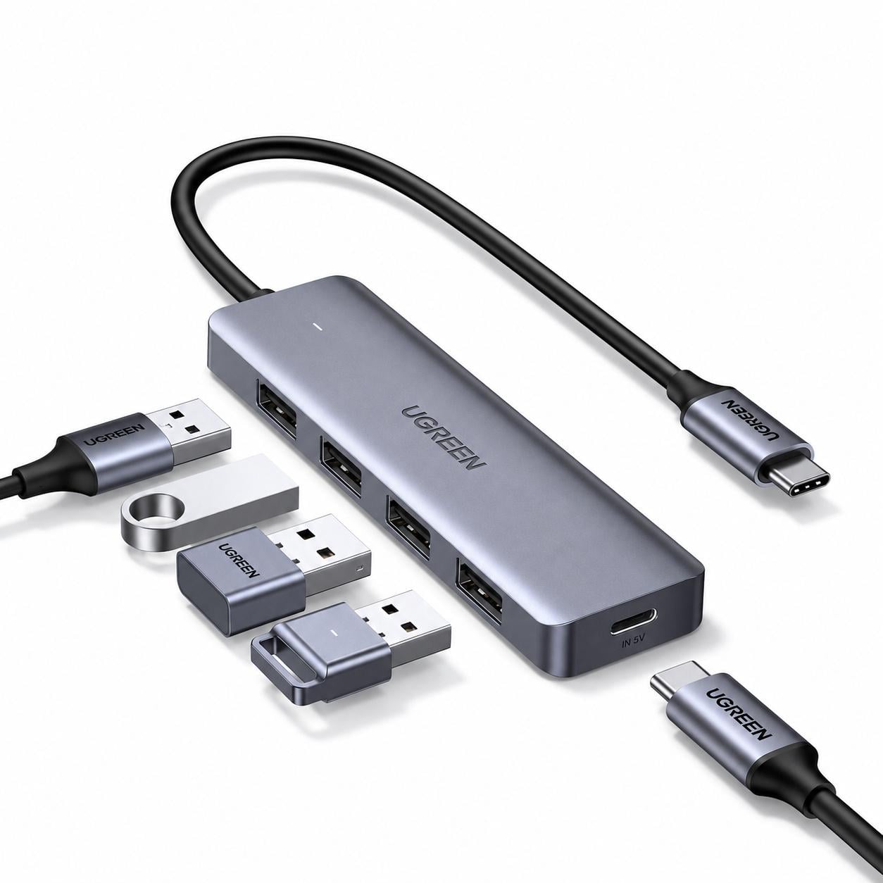 USB-C-хаб UGREEN CM219 15 см USB-C/4 порта USB-A/USB 3.0 Темно-серый/Черный (70336)